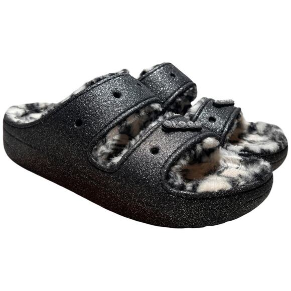 CROCS Classic Cozzzy Disco Glitter Sandal Men 13 Comfort Zebra Fur Lining 208074 - Picture 9 of 15